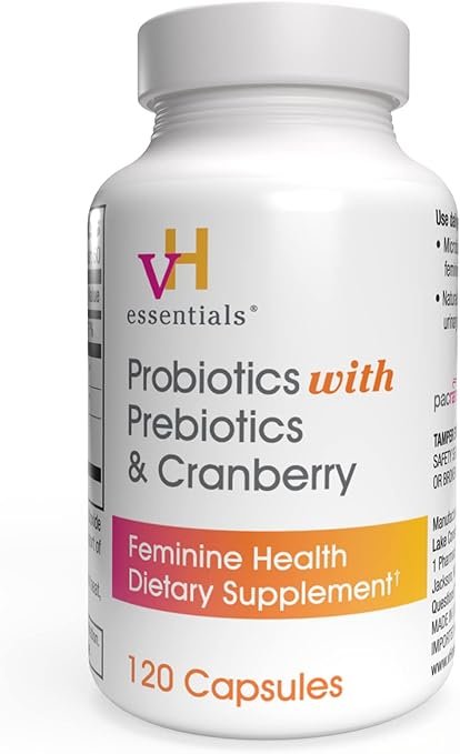 vH essentials Probiotics for Women with Prebiotics, Cranberry & Vitamin C - 120 Capsules (60 Day Supply) - Vaginal Probiotics Support Gut Balance, Vaginal Health & Urinary Tract Health for Women