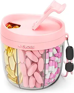 Cute Pill Dispenser with 7 Large Compartments, Portable Pill Bottle Organizer with Wide Opening for Easy Use, Anti-Mix Pill Organizer for Travel, BPA-Free Pill Container, Pink